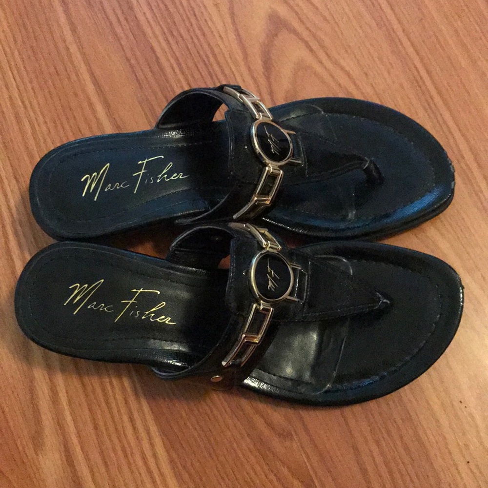 Black and gold low heel sandals